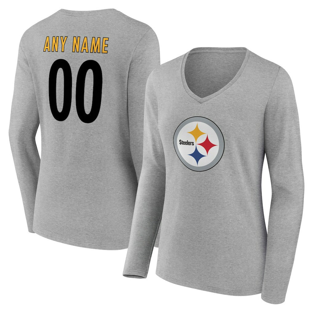 Women's Team Authentic Personalized Name & Number Long Sleeve V-Neck T-Shirt - Pittsburgh Steelers