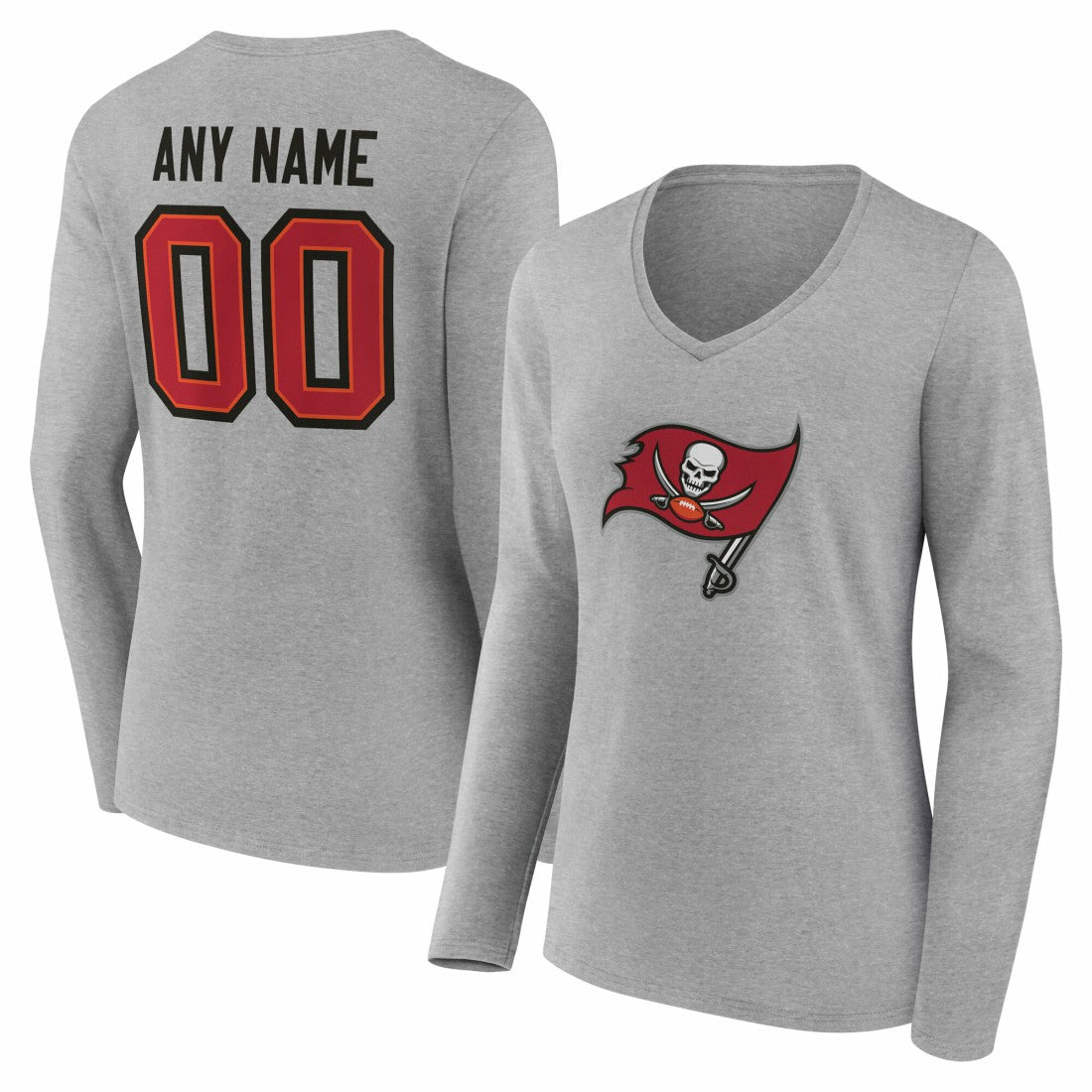 Women's Team Authentic Personalized Name & Number Long Sleeve V-Neck T-Shirt - Tampa Bay Buccaneers