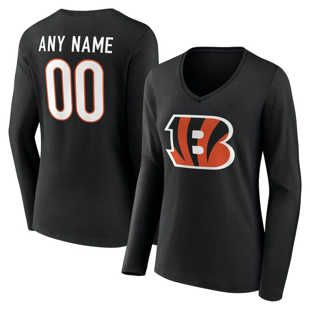 Women's Team Authentic Personalized Name & Number Long Sleeve V-Neck T-Shirt - Cincinnati Bengals