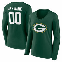 Women's Team Authentic Personalized Name & Number Long Sleeve V-Neck T-Shirt - Green Bay Packers