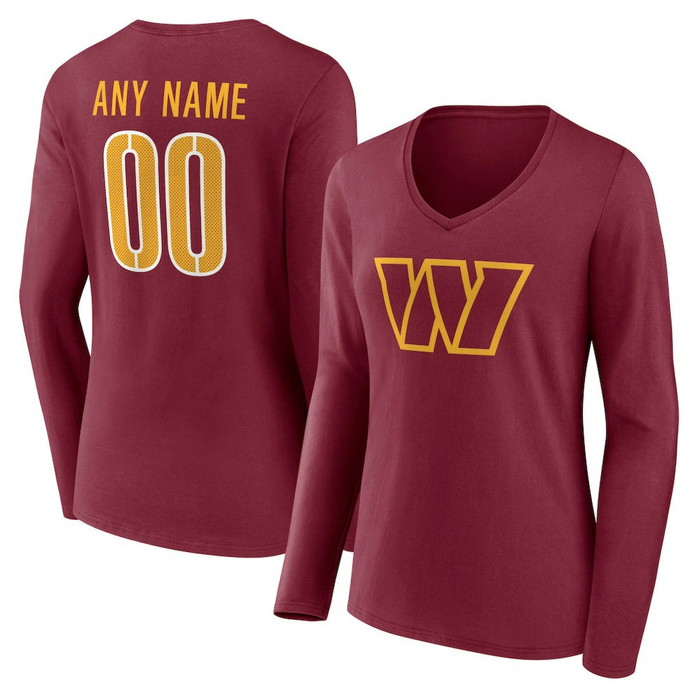 Women's Team Authentic Personalized Name & Number Long Sleeve V-Neck T-Shirt - Washington Commanders