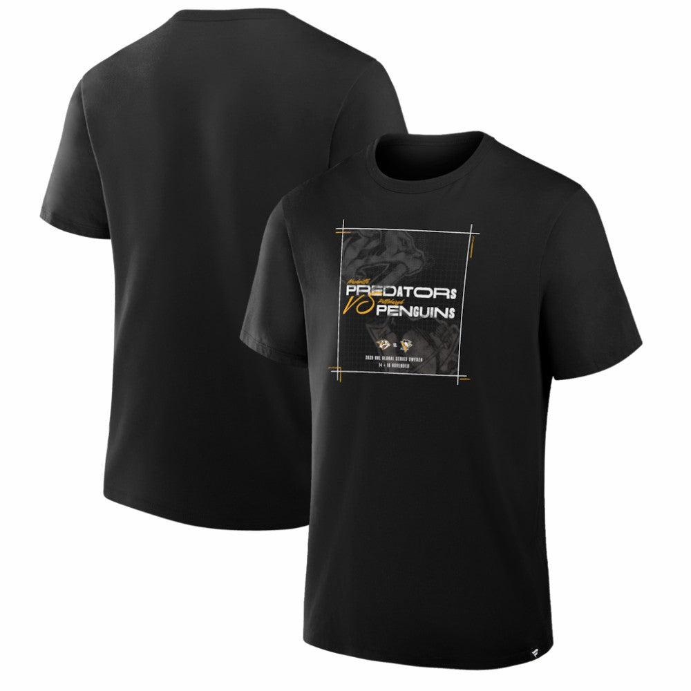 NHL Black Nashville Predators vs. Pittsburgh Penguins 2025 NHL Global Series Matchup Legacy T-Shirt