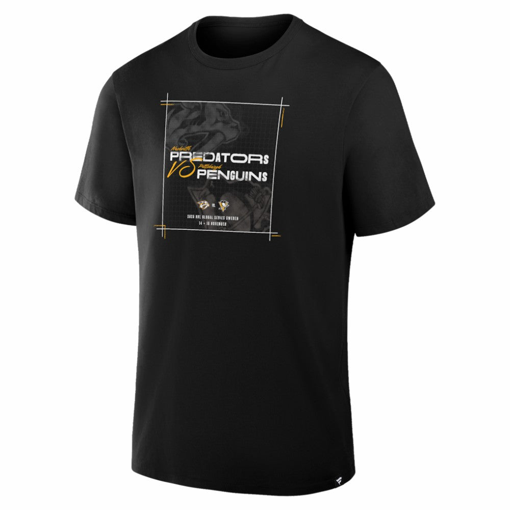 NHL Black Nashville Predators vs. Pittsburgh Penguins 2025 NHL Global Series Matchup Legacy T-Shirt