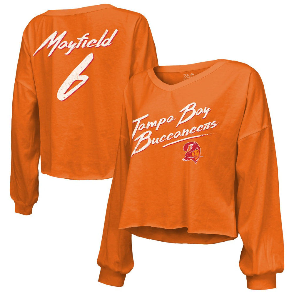 Baker Mayfield  Majestic Threads Women's Off-Shoulder Script Name & Number V-Neck T-Shirt - Tampa Bay Buccaneers