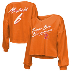 Baker Mayfield  Majestic Threads Women's Off-Shoulder Script Name & Number V-Neck T-Shirt - Tampa Bay Buccaneers