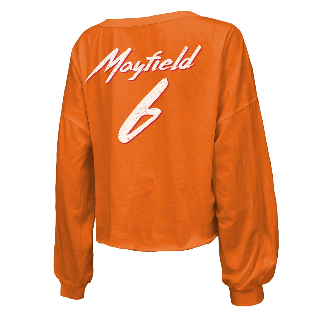 Baker Mayfield  Majestic Threads Women's Off-Shoulder Script Name & Number V-Neck T-Shirt - Tampa Bay Buccaneers