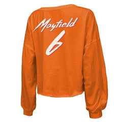 Baker Mayfield  Majestic Threads Women's Off-Shoulder Script Name & Number V-Neck T-Shirt - Tampa Bay Buccaneers