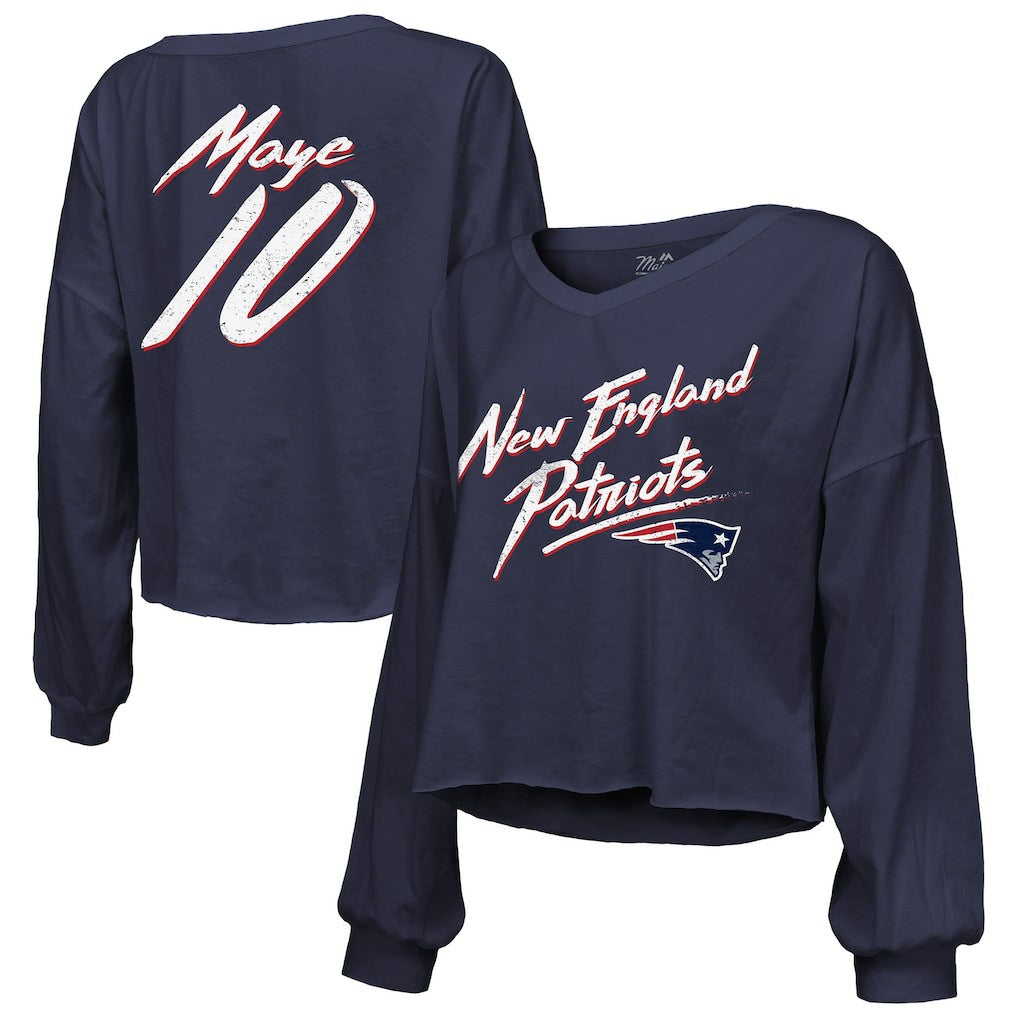 Drake Maye  Majestic Threads Women's Off-Shoulder Script Name & Number V-Neck T-Shirt - New England Patriots