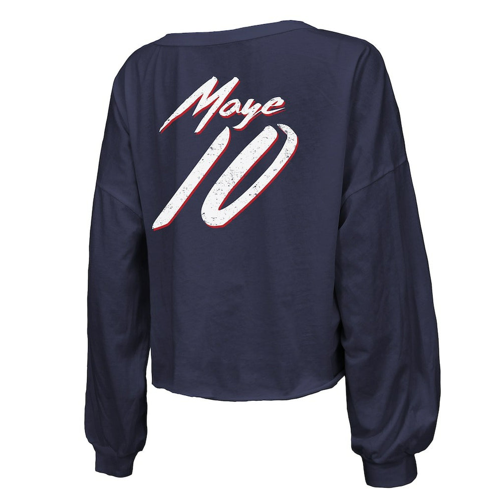 Drake Maye  Majestic Threads Women's Off-Shoulder Script Name & Number V-Neck T-Shirt - New England Patriots