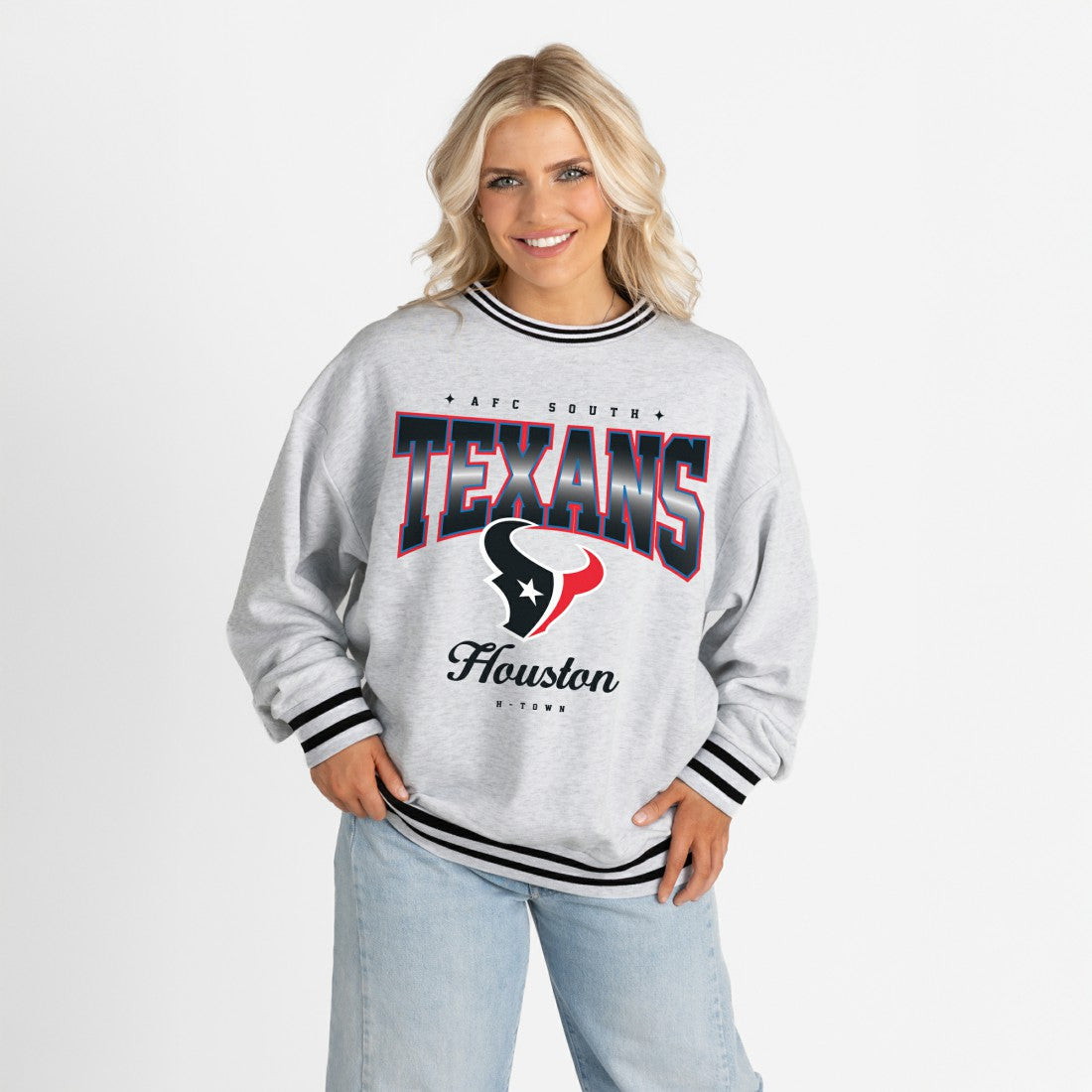 Gameday Couture Women's Oversized Gridiron Drive Ringer Stripe Sweatshirt - Houston Texans