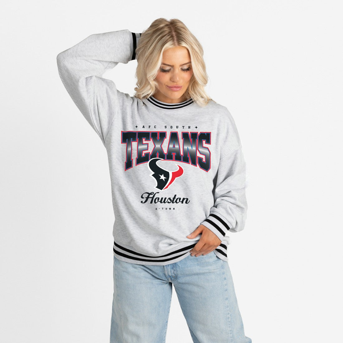 Gameday Couture Women's Oversized Gridiron Drive Ringer Stripe Sweatshirt - Houston Texans