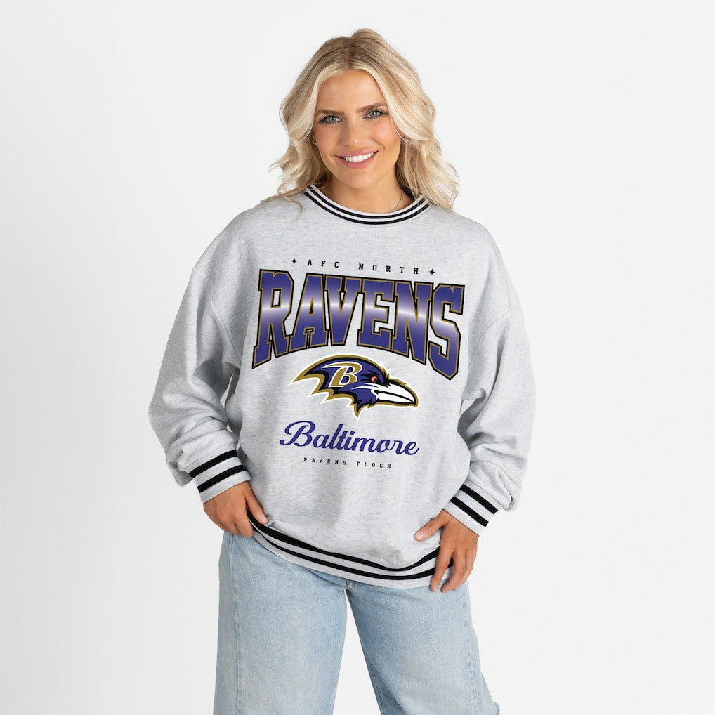 Gameday Couture Women's Oversized Gridiron Drive Ringer Stripe Sweatshirt - Baltimore Ravens