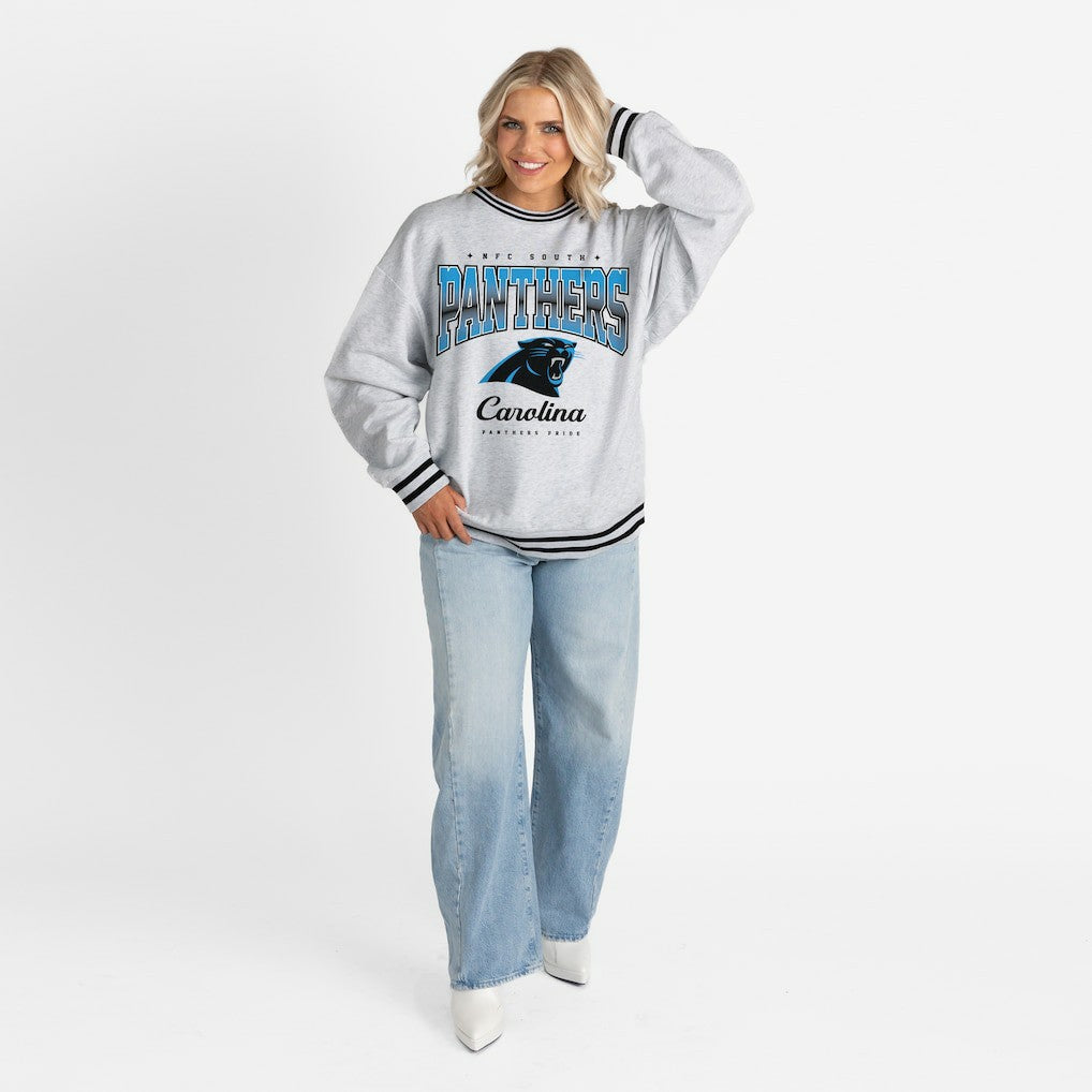 Gameday Couture Women's Oversized Gridiron Drive Ringer Stripe Sweatshirt - Carolina Panthers