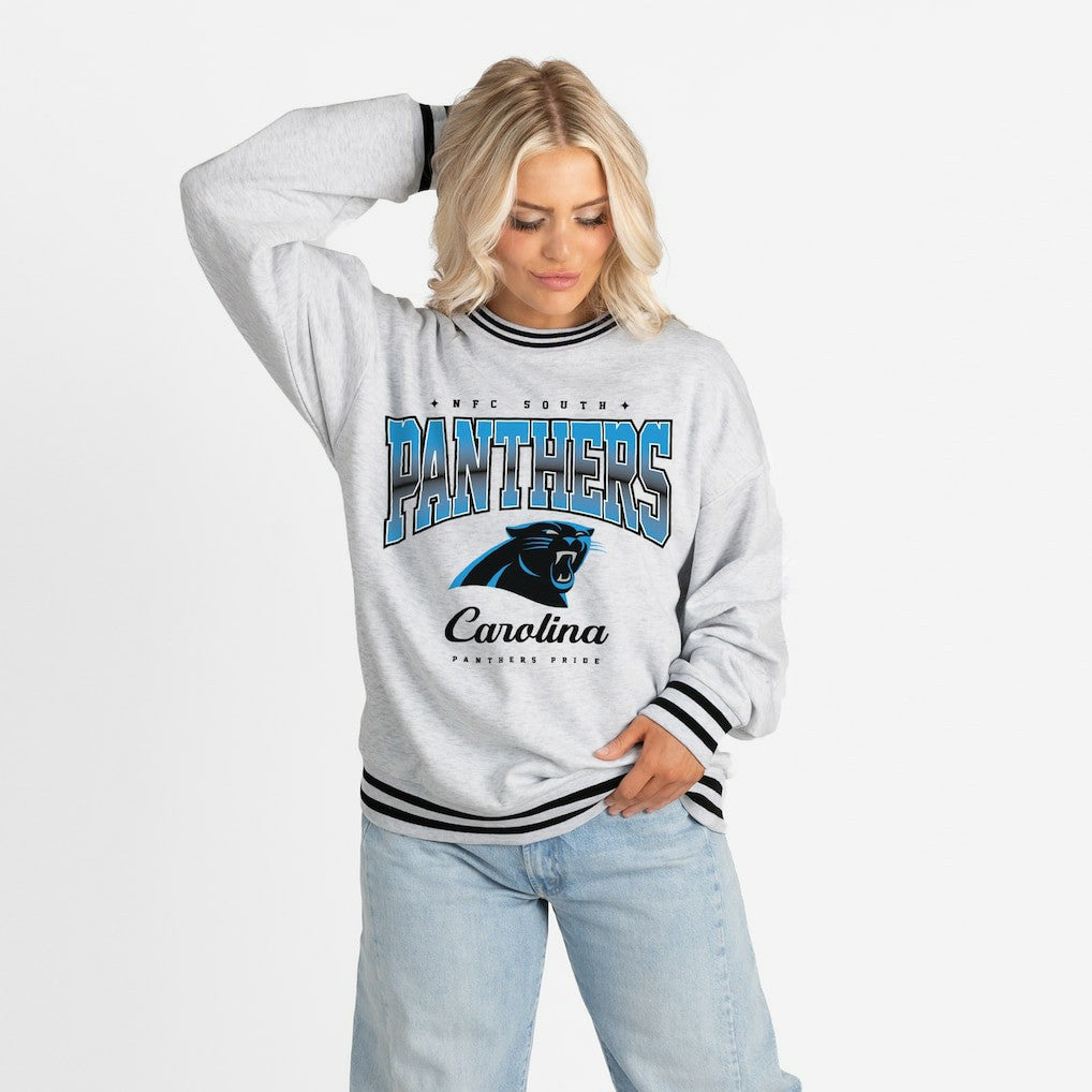 Gameday Couture Women's Oversized Gridiron Drive Ringer Stripe Sweatshirt - Carolina Panthers