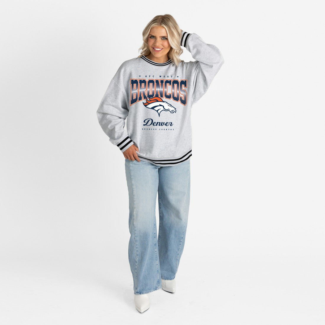 Gameday Couture Women's Oversized Gridiron Drive Ringer Stripe Sweatshirt - Denver Broncos