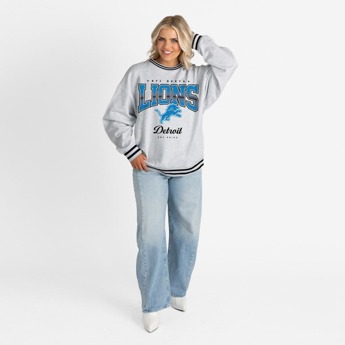 Gameday Couture Women's Oversized Gridiron Drive Ringer Stripe Sweatshirt - Detroit Lions