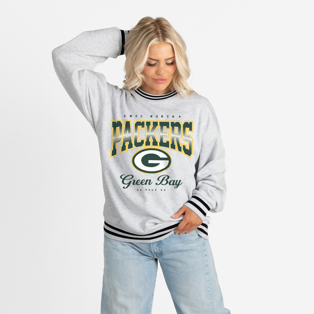 Gameday Couture Women's Oversized Gridiron Drive Ringer Stripe Sweatshirt - Green Bay Packers