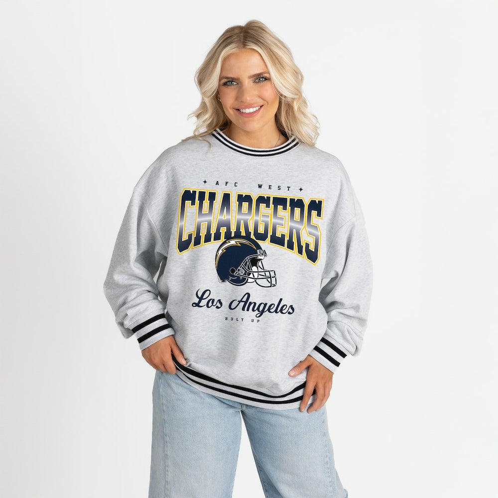 Gameday Couture Women's Oversized Gridiron Drive Ringer Stripe Sweatshirt - Los Angeles Chargers