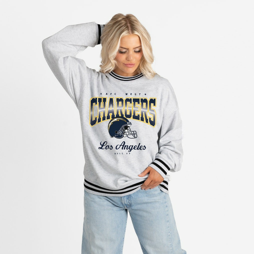 Gameday Couture Women's Oversized Gridiron Drive Ringer Stripe Sweatshirt - Los Angeles Chargers