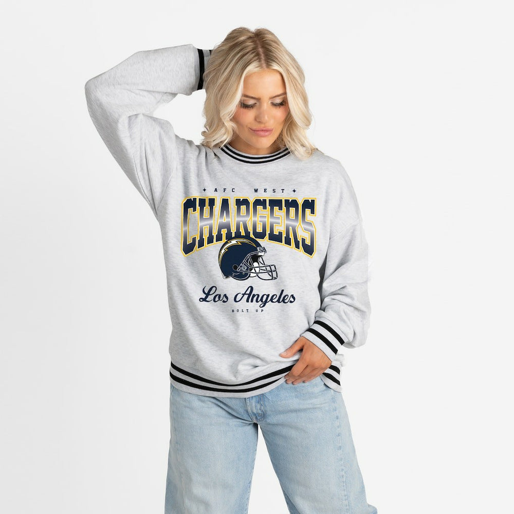 Gameday Couture Women's Oversized Gridiron Drive Ringer Stripe Sweatshirt - Los Angeles Chargers