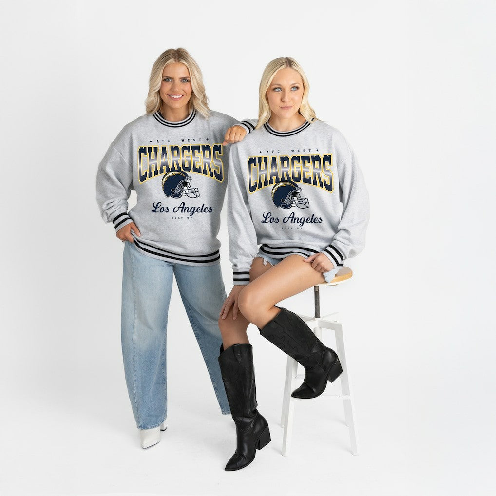Gameday Couture Women's Oversized Gridiron Drive Ringer Stripe Sweatshirt - Los Angeles Chargers
