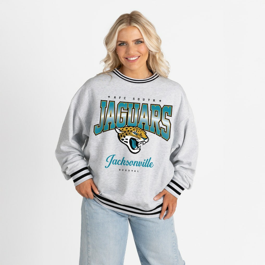 Gameday Couture Women's Oversized Gridiron Drive Ringer Stripe Sweatshirt - Jacksonville Jaguars