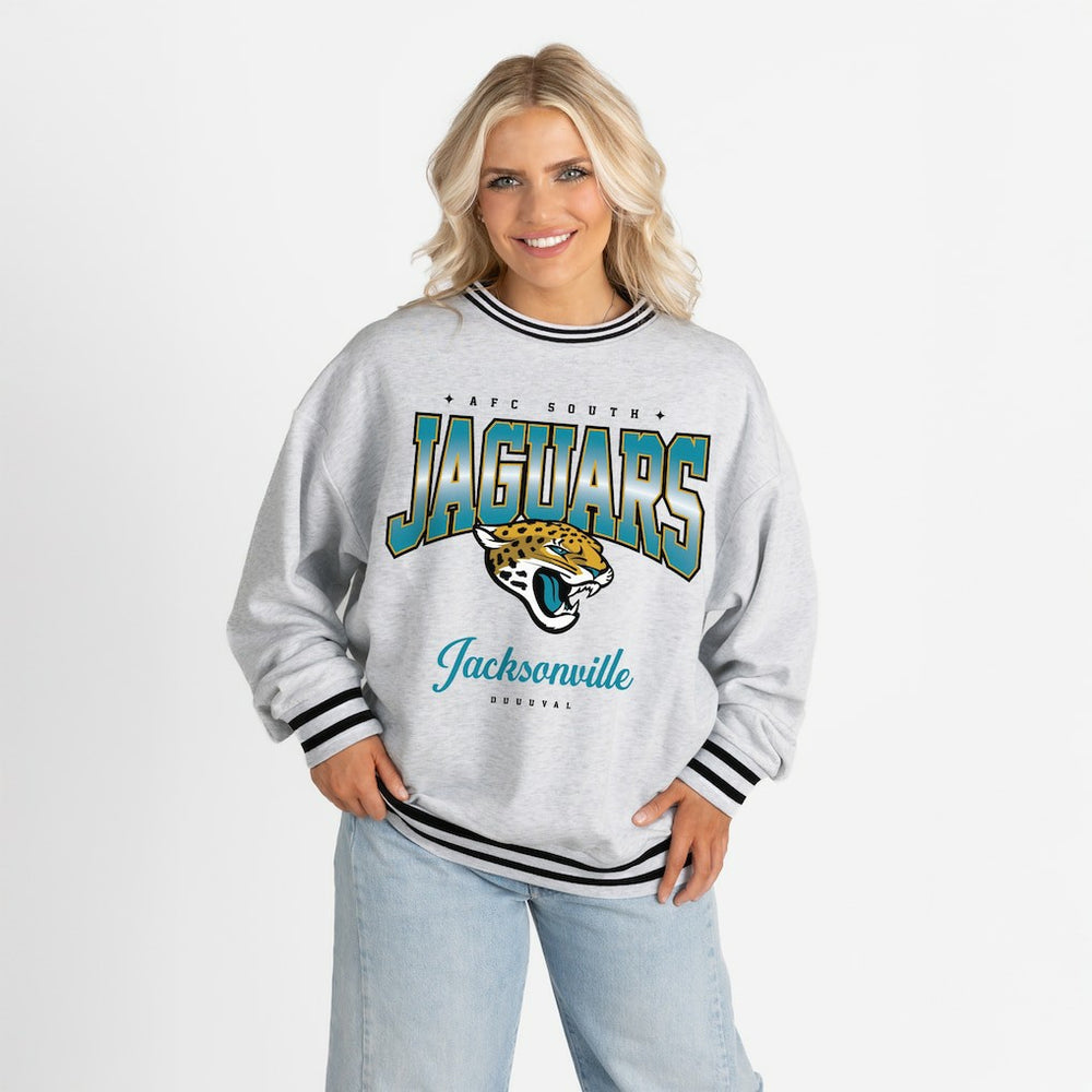 Gameday Couture Women's Oversized Gridiron Drive Ringer Stripe Sweatshirt - Jacksonville Jaguars