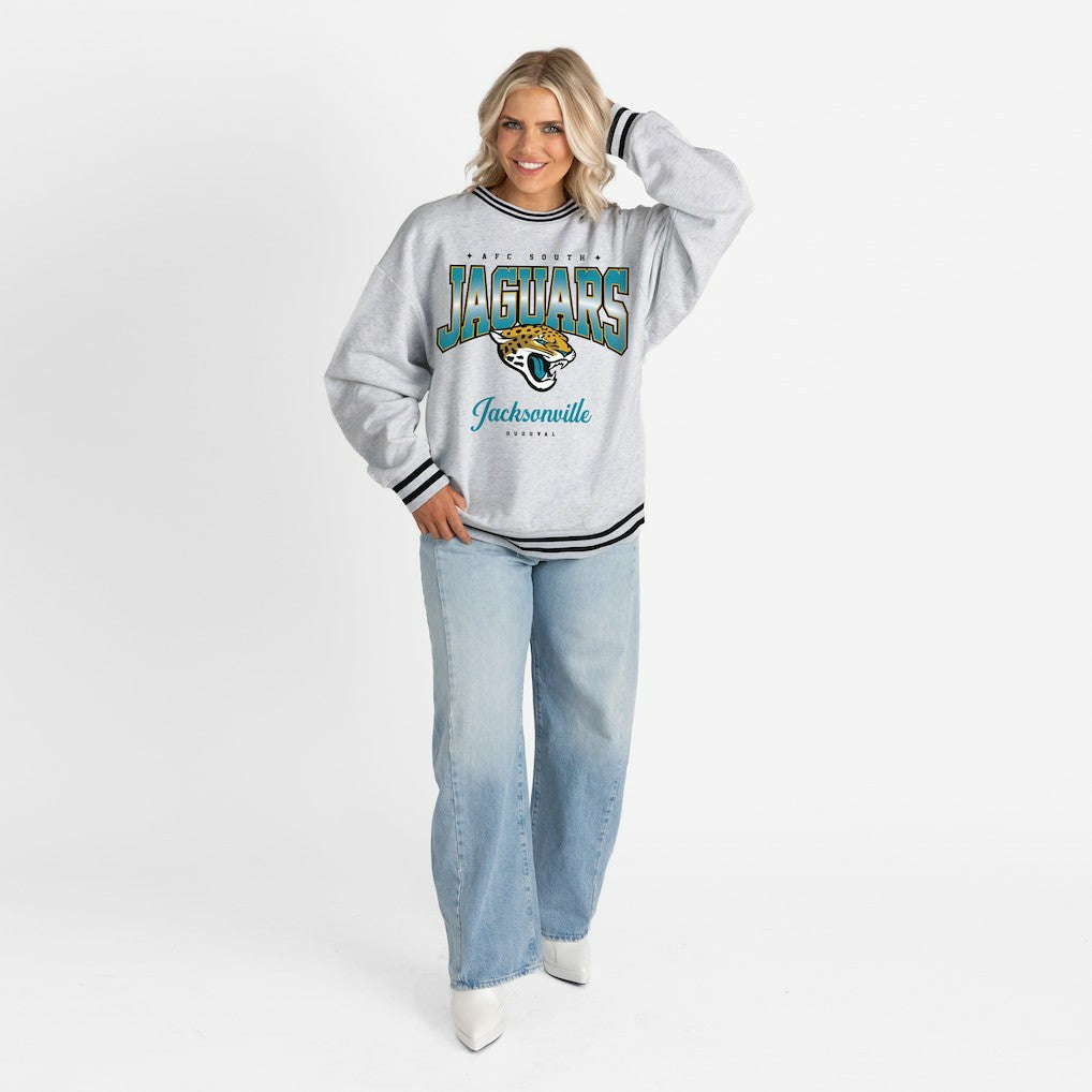 Gameday Couture Women's Oversized Gridiron Drive Ringer Stripe Sweatshirt - Jacksonville Jaguars