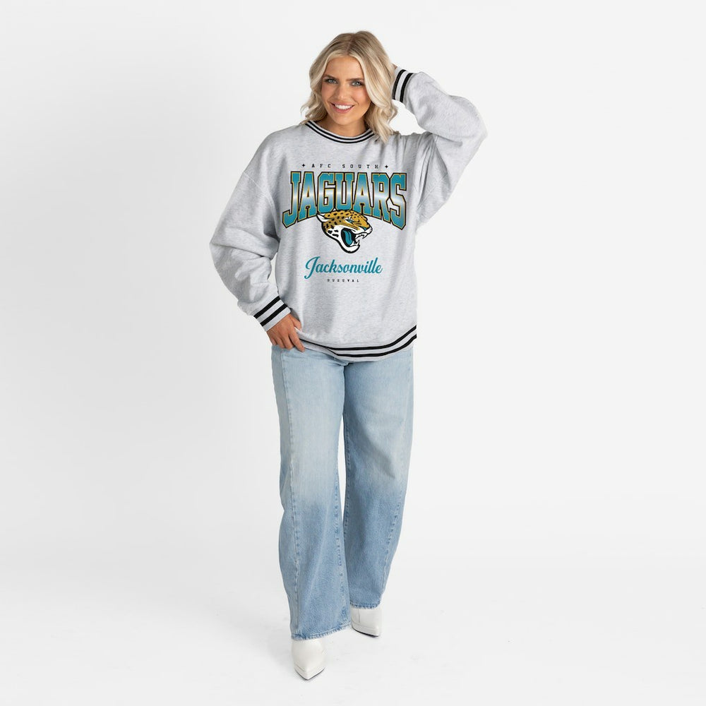 Gameday Couture Women's Oversized Gridiron Drive Ringer Stripe Sweatshirt - Jacksonville Jaguars