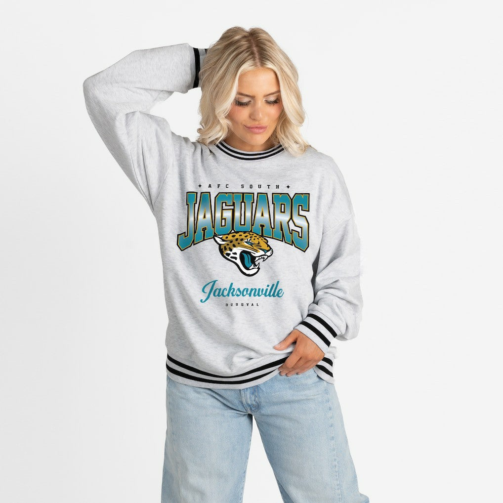 Gameday Couture Women's Oversized Gridiron Drive Ringer Stripe Sweatshirt - Jacksonville Jaguars