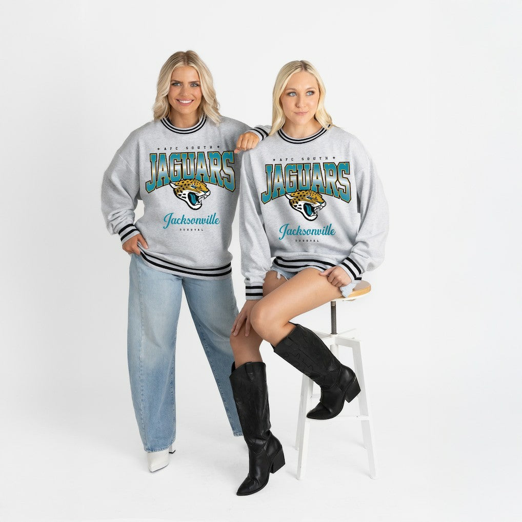 Gameday Couture Women's Oversized Gridiron Drive Ringer Stripe Sweatshirt - Jacksonville Jaguars