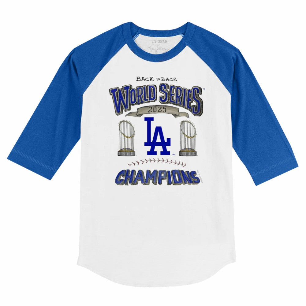 MLB Los Angeles Dodgers Tiny Turnip Youth 2025 World Series Champions 3/4-Sleeve Raglan Baseball T-Shirt
