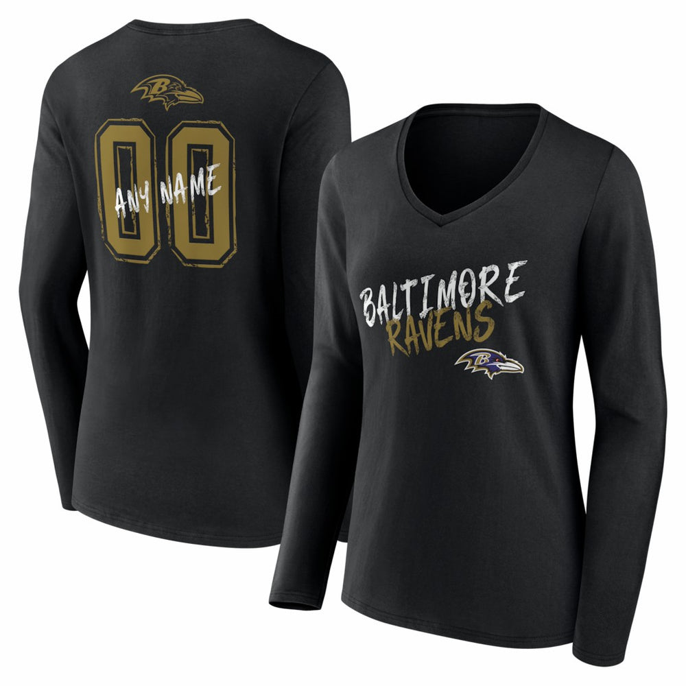 Women's Hustle Personalized Name & Number Long Sleeve V-Neck T-Shirt - Baltimore Ravens