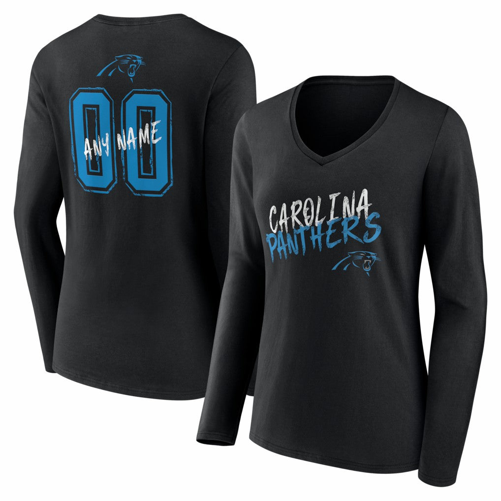 Women's Hustle Personalized Name & Number Long Sleeve V-Neck T-Shirt - Carolina Panthers