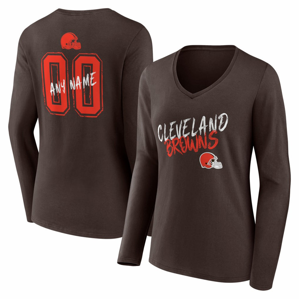 Women's Hustle Personalized Name & Number Long Sleeve V-Neck T-Shirt - Cleveland Browns