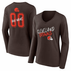 Women's Hustle Personalized Name & Number Long Sleeve V-Neck T-Shirt - Cleveland Browns