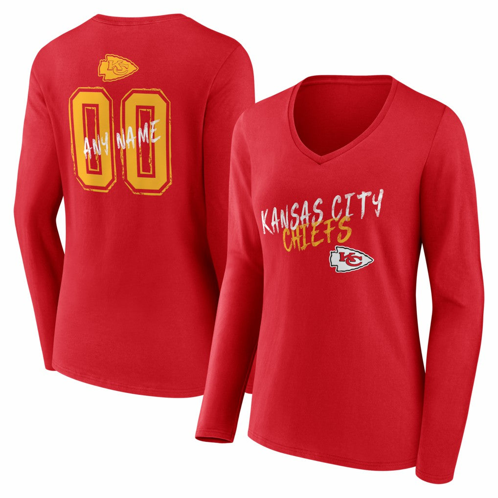 Women's Hustle Personalized Name & Number Long Sleeve V-Neck T-Shirt - Kansas City Chiefs