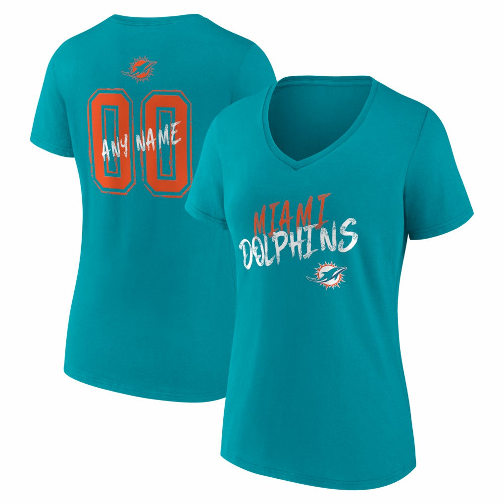 Women's Hustle Personalized Name & Number V-Neck T-Shirt - Miami Dolphins