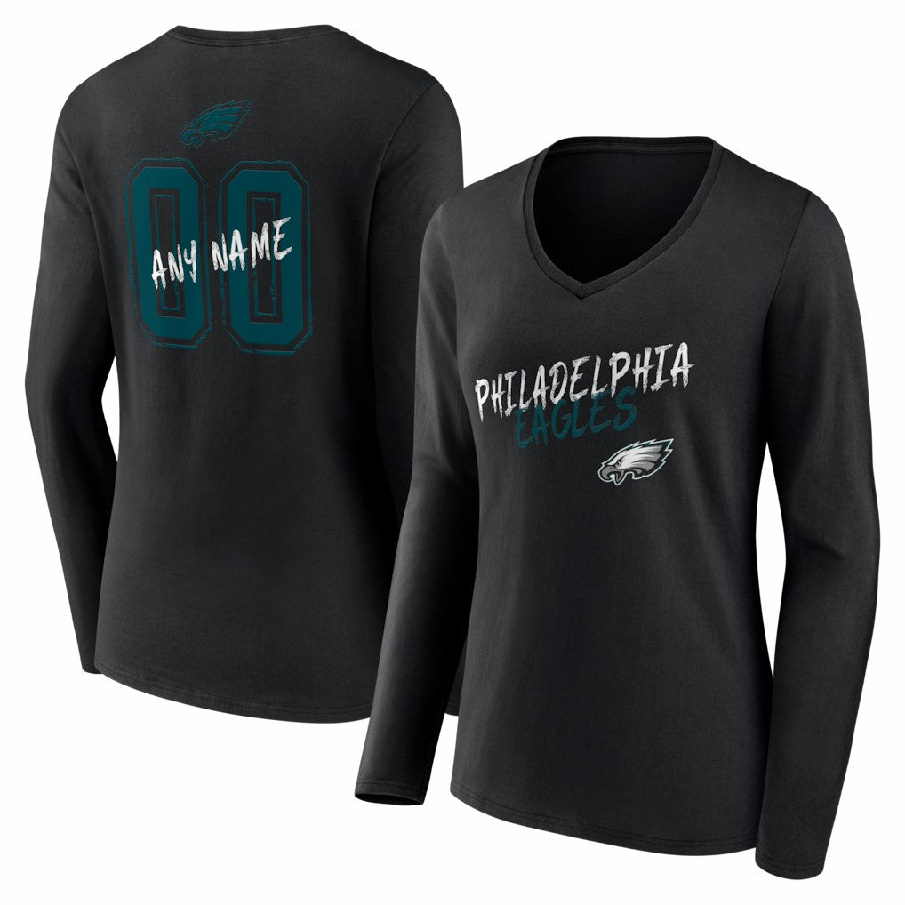 Women's Hustle Personalized Name & Number Long Sleeve V-Neck T-Shirt - Philadelphia Eagles