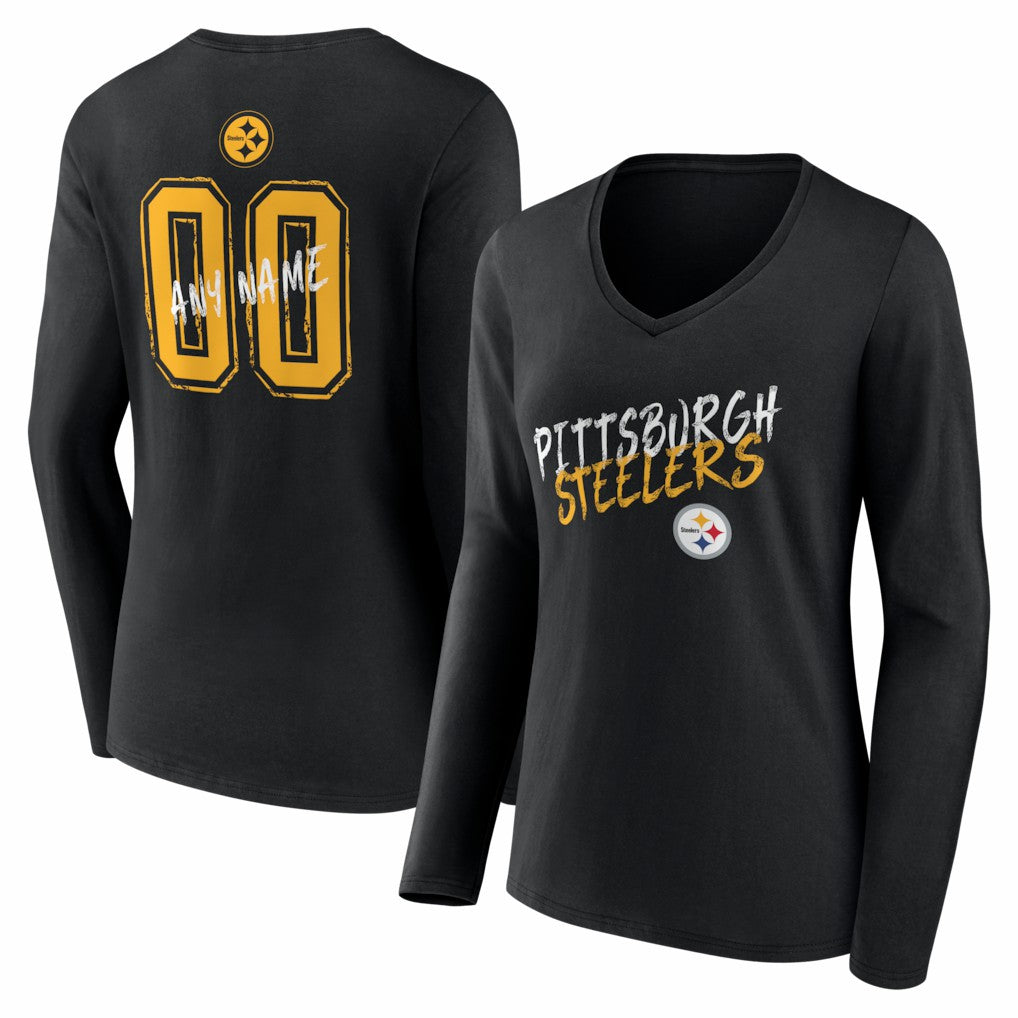 Women's Hustle Personalized Name & Number Long Sleeve V-Neck T-Shirt - Pittsburgh Steelers