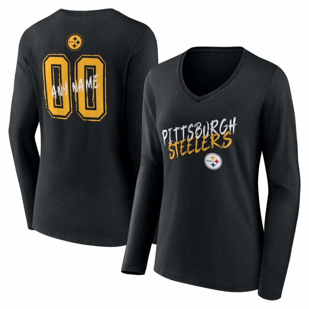 Women's Hustle Personalized Name & Number Long Sleeve V-Neck T-Shirt - Pittsburgh Steelers