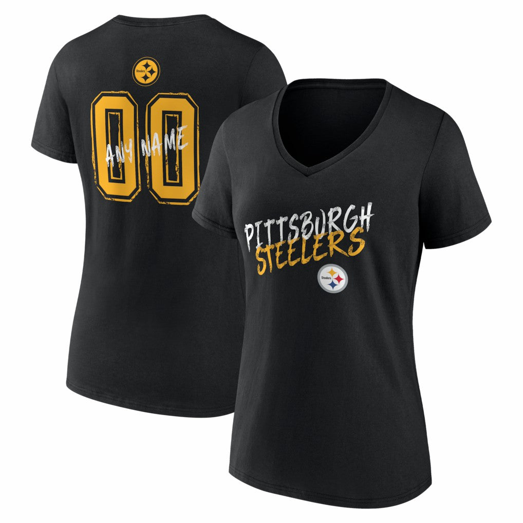 Women's Hustle Personalized Name & Number V-Neck T-Shirt - Pittsburgh Steelers
