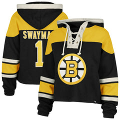 NHL Black Jeremy Swayman Boston Bruins '47 Women's Superior Lacer Cropped Pullover Hoodie