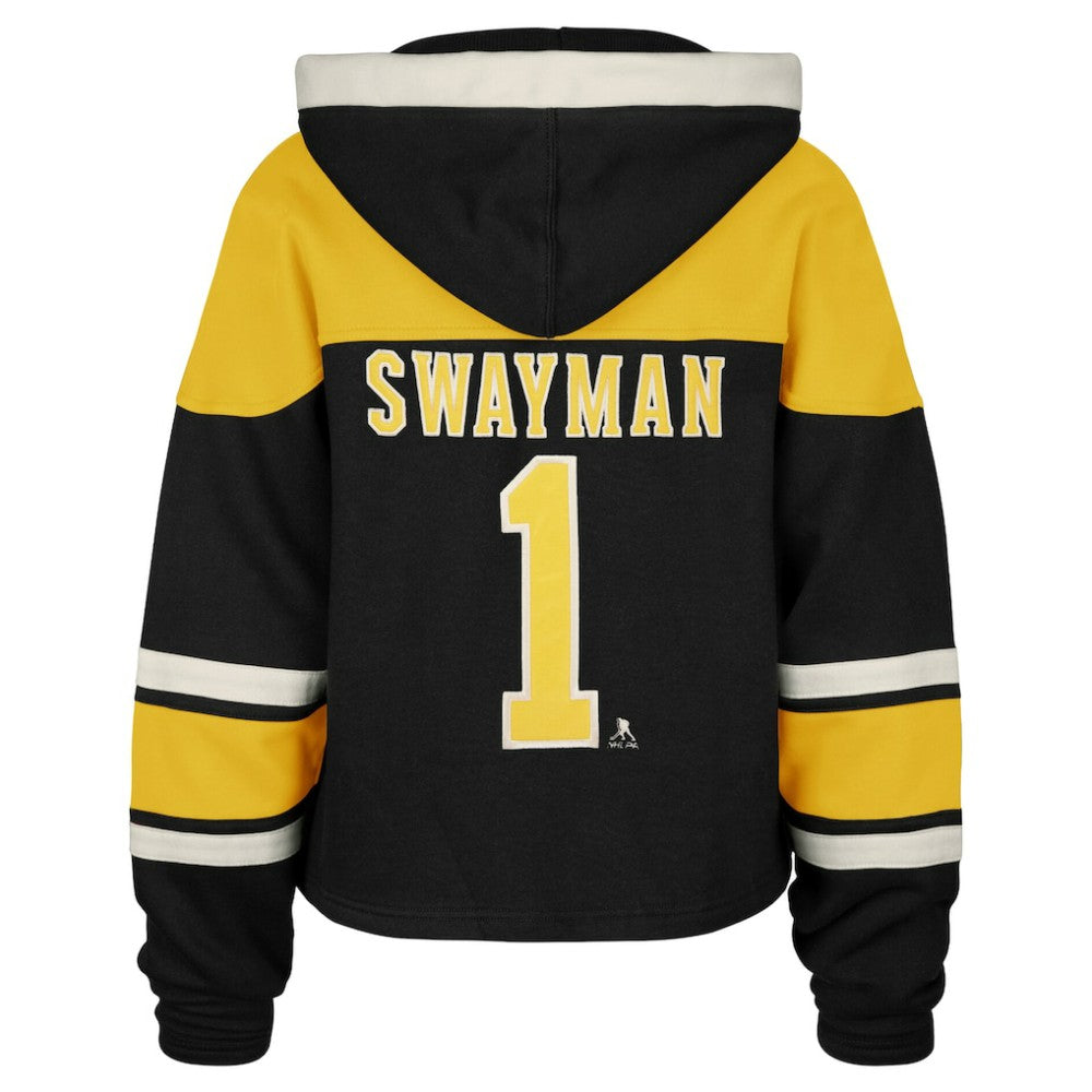 NHL Black Jeremy Swayman Boston Bruins '47 Women's Superior Lacer Cropped Pullover Hoodie