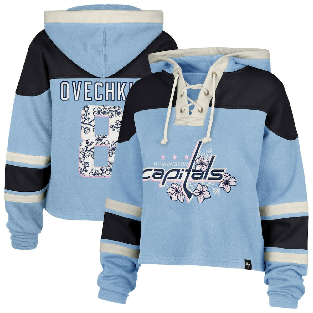NHL Light Blue Alexander Ovechkin Washington Capitals '47 Women's Cherry Blossom Superior Lacer Cropped Pullover Hoodie
