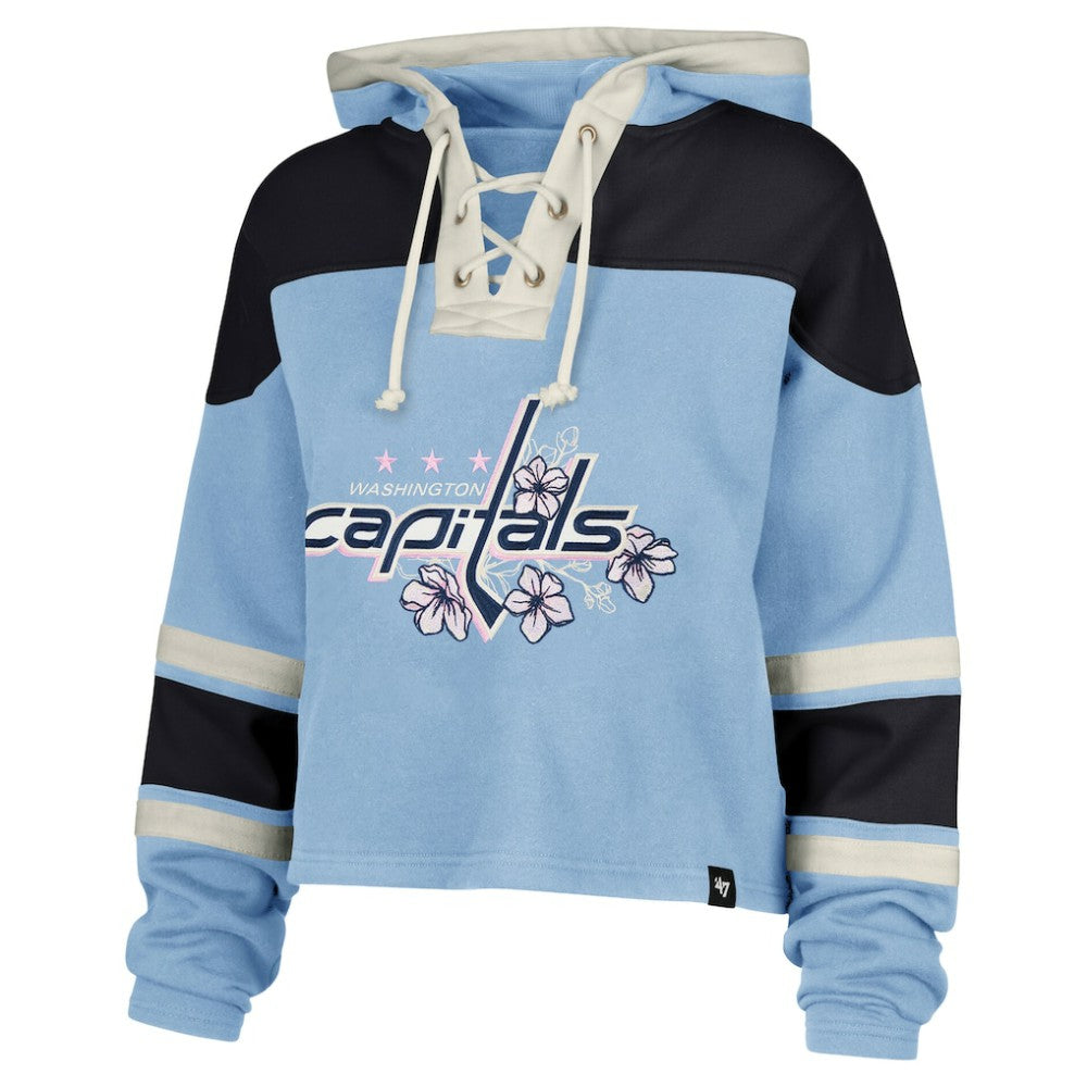 NHL Light Blue Alexander Ovechkin Washington Capitals '47 Women's Cherry Blossom Superior Lacer Cropped Pullover Hoodie