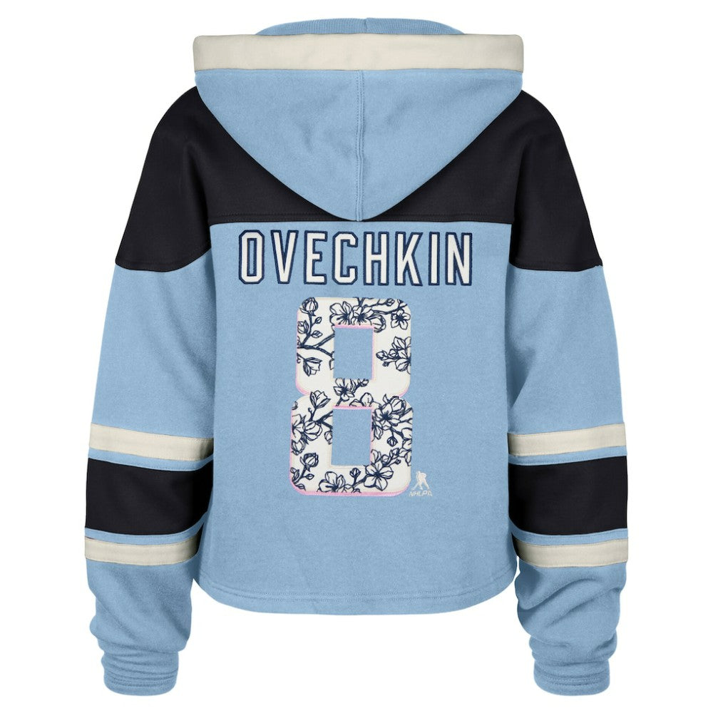 NHL Light Blue Alexander Ovechkin Washington Capitals '47 Women's Cherry Blossom Superior Lacer Cropped Pullover Hoodie