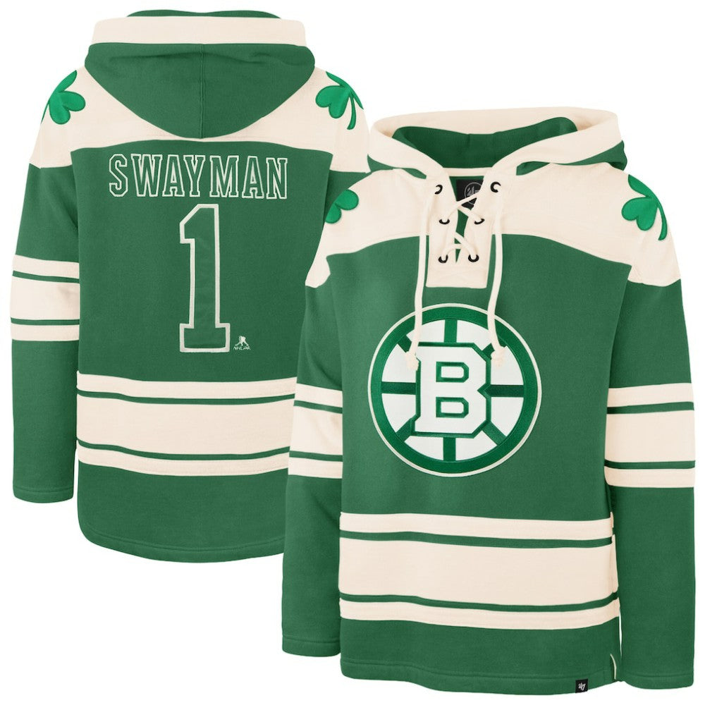 NHL Kelly Green Jeremy Swayman Boston Bruins '47 St. Patrick's Day Player Name & Number Lacer Pullover Hoodie