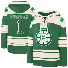 NHL Kelly Green Jeremy Swayman Boston Bruins '47 St. Patrick's Day Player Name & Number Lacer Pullover Hoodie