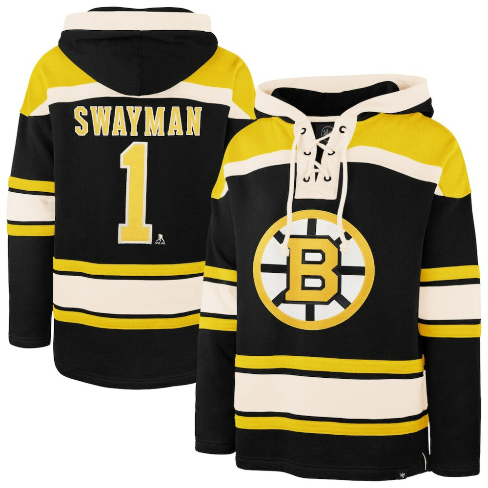 NHL Black Jeremy Swayman Boston Bruins '47 Player Name & Number Lacer Hoodie